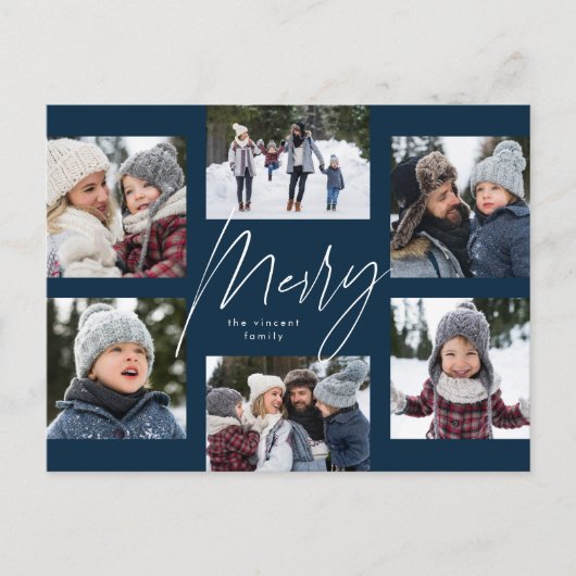 Moderne vrolijke 6 foto Kerstcollage marineblauw Feestdagenkaart (Voorkant)