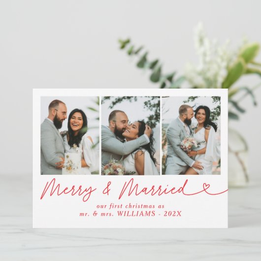 Moderne vrolijke en getrouwde Pas getrouwd Foto Ke Feestdagenkaart (Staand voorkant)