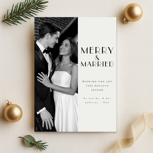 Moderne vrolijke en getrouwde Pas getrouwd Foto Ke Feestdagenkaart