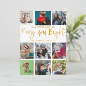 Moderne vrolijke en heldere faux goud 9 foto feestdagenkaart (Staand voorkant)
