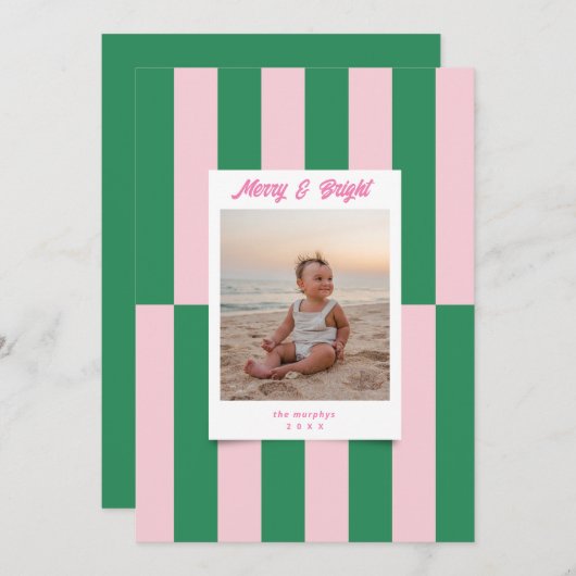 Moderne vrolijke en heldere roze en groene strepen feestdagenkaart (Voorkant / Achterkant)