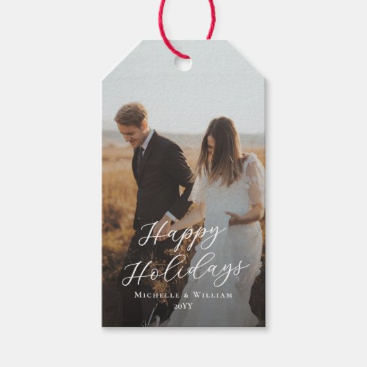 Moderne vrolijke feestdagen script overlay foto cadeaulabel (Voorkant)