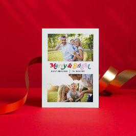 Moderne vrolijke & heldere kleurrijke retro 2 foto feestdagenkaart
