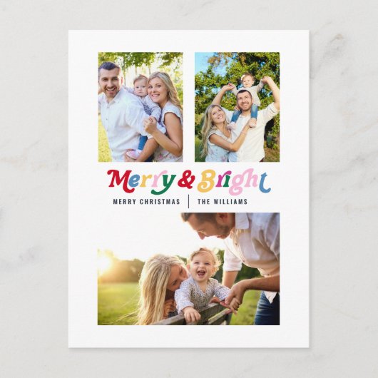 Moderne vrolijke & heldere kleurrijke retro 3 foto feestdagenkaart (Voorkant)