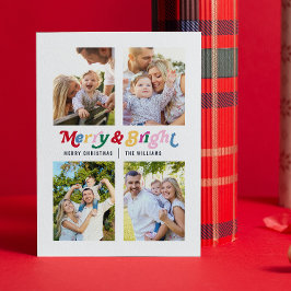 Moderne vrolijke & heldere kleurrijke retro 4 foto feestdagenkaart