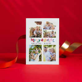 Moderne vrolijke & heldere kleurrijke retro 5 foto feestdagenkaart