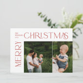 Moderne vrolijke kerst 2 foto rode typografie feestdagenkaart (Staand voorkant)