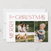 Moderne vrolijke kerst 3 foto rode typografie feestdagenkaart (Voorkant)