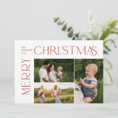 Moderne vrolijke kerst 3 foto rode typografie feestdagenkaart (Staand voorkant)