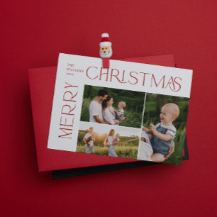 Moderne vrolijke kerst 3 foto rode typografie feestdagenkaart