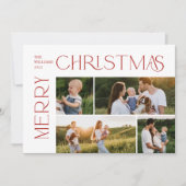 Moderne vrolijke kerst 4 foto rode typografie feestdagenkaart (Voorkant)