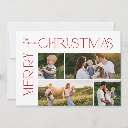 Moderne vrolijke kerst 4 foto rode typografie feestdagenkaart (Voorkant)