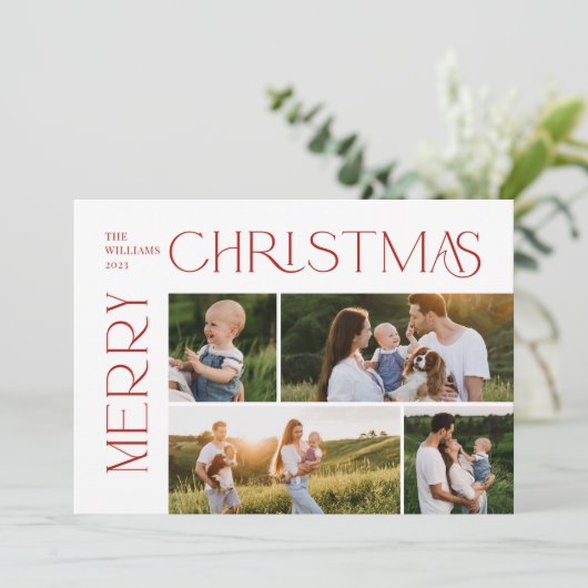 Moderne vrolijke kerst 4 foto rode typografie feestdagenkaart (Staand voorkant)