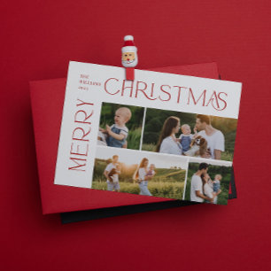 Moderne vrolijke kerst 4 foto rode typografie feestdagenkaart