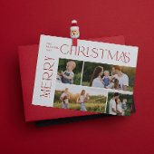 Moderne vrolijke kerst 4 foto rode typografie feestdagenkaart