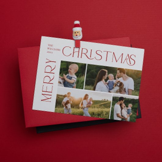 Moderne vrolijke kerst 4 foto rode typografie feestdagenkaart