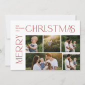 Moderne vrolijke kerst 5 foto rode typografie feestdagenkaart (Voorkant)