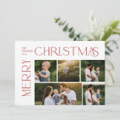 Moderne vrolijke kerst 5 foto rode typografie feestdagenkaart (Staand voorkant)