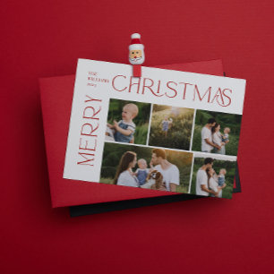 Moderne vrolijke kerst 5 foto rode typografie feestdagenkaart