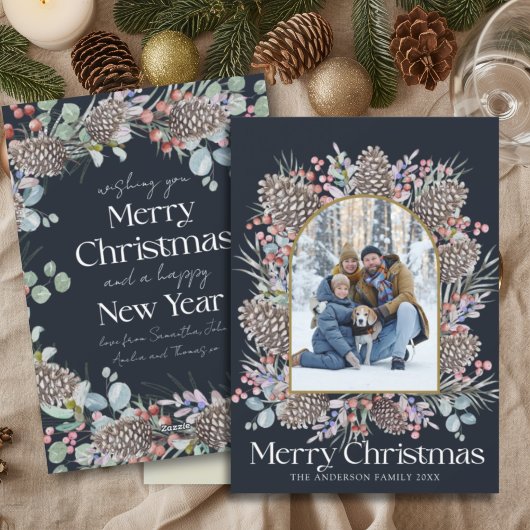 Moderne Vrolijke Kerst Botanische Krans & Foto Feestdagenkaart