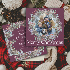 Moderne Vrolijke Kerst Botanische Krans & Foto Feestdagenkaart