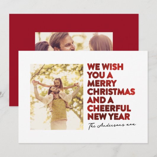 MODERNE VROLIJKE KERST EN NIEUWJAAR FAUX RODE FOLI FEESTDAGENKAART (Voorkant / Achterkant)