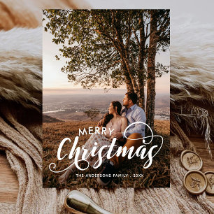 Moderne vrolijke kerst familie foto naam Tartan Ho Feestdagenkaart