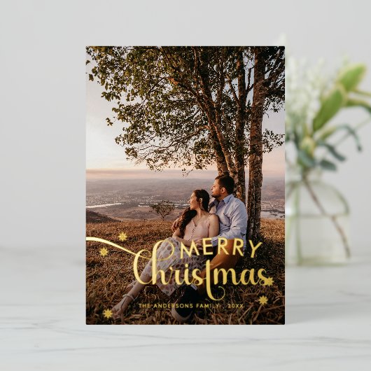 Moderne vrolijke kerst familie foto naam Tartan Ho Folie Feestdagenkaart (Staand Voorkant)