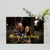 Moderne vrolijke kerst familie foto naam Tartan Ho Folie Feestdagenkaart (Staand Voorkant)