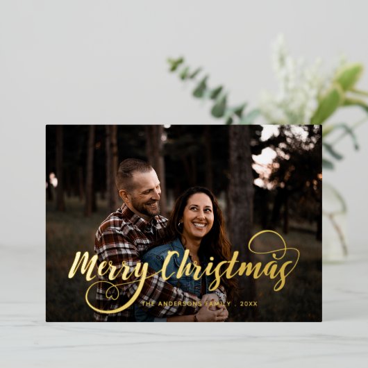 Moderne vrolijke kerst familie foto naam Tartan Ho Folie Feestdagenkaart (Staand Voorkant)