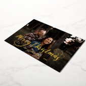 Moderne vrolijke kerst familie foto naam Tartan Ho Folie Feestdagenkaart (Gedraaid)