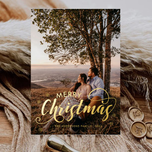 Moderne vrolijke kerst familie foto naam Tartan Ho Folie Feestdagenkaart