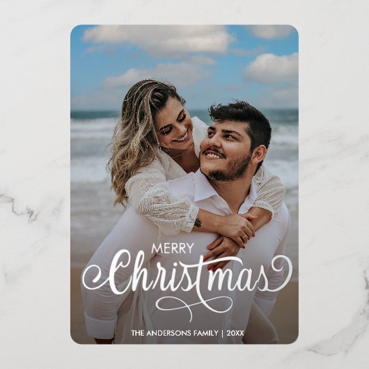 Moderne vrolijke kerst familie foto naam tartan ra folie feestdagenkaart (Voorkant)