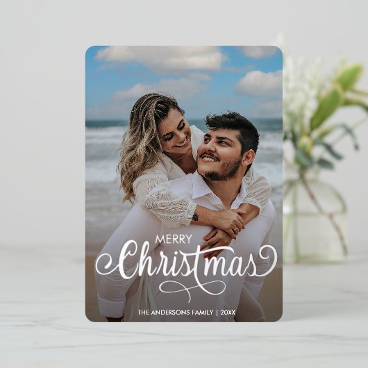Moderne vrolijke kerst familie foto naam tartan ra folie feestdagenkaart (Staand Voorkant)