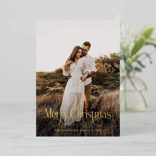 Moderne vrolijke kerst familie foto plaid Tartan Folie Feestdagenkaart (Staand Voorkant)