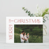 Moderne vrolijke kerst foto rode typografie feestdagenkaart (Staand voorkant)