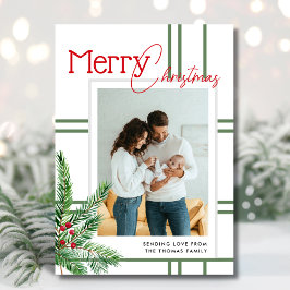 Moderne vrolijke kerst | Foto van Greenery Plaid Feestdagenkaart