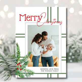 Moderne vrolijke kerst | Foto van Greenery Plaid Feestdagenkaart