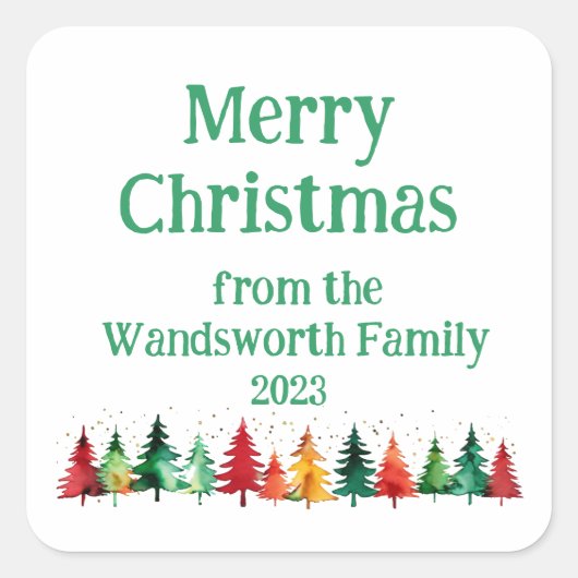 Moderne vrolijke kerst kleurrijke aquarel bomen vierkante sticker (Voorkant)