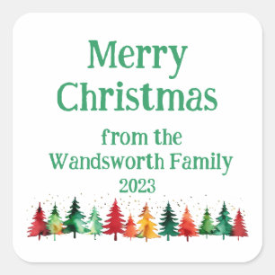Moderne vrolijke kerst kleurrijke aquarel bomen vierkante sticker