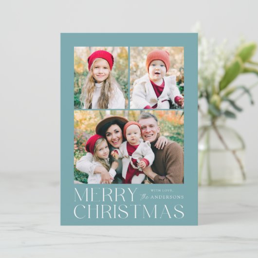 Moderne vrolijke kerst licht blauw 7 foto collage feestdagenkaart (Staand voorkant)