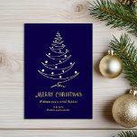 Moderne vrolijke kerst marine blauw goud folie feestdagenkaart<br><div class="desc">Moderne Merry kerstkaart met een moderne lijn kunst kerstboom en luxe gouden folie in marineblauwe achtergrond. Deze minimalistische niet-fotokaart is ideaal voor iedereen die een eenvoudige en elegante benadering van hun vakantieviering deze winter wil.</div>