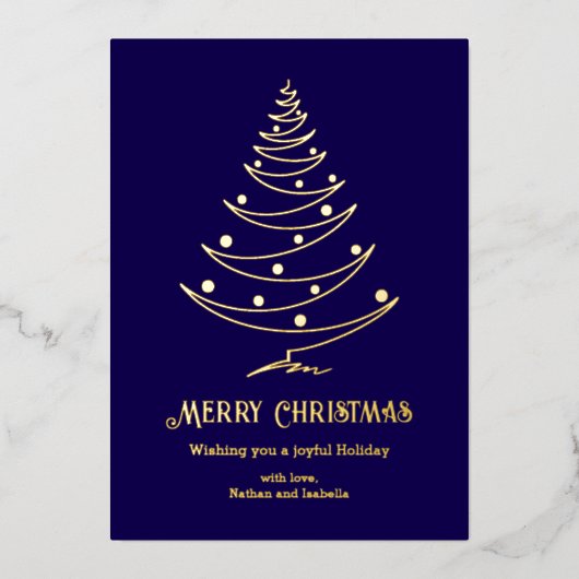 Moderne vrolijke kerst marine blauw goud folie feestdagenkaart (Voorkant)
