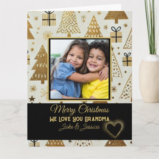 Moderne vrolijke kerst oma zwart en goud kaart (Voorkant)