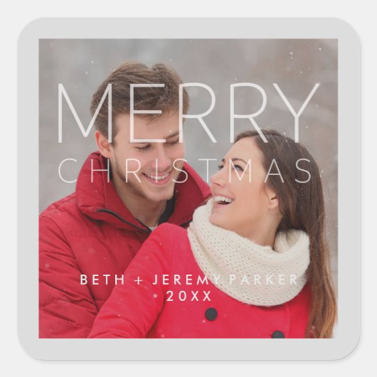 Moderne vrolijke kerst overlay en uw foto vierkante sticker (Voorkant)