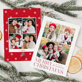 Moderne vrolijke kerst rode 7 foto collage feestdagenkaart