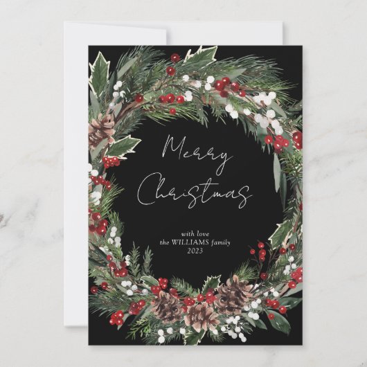 Moderne vrolijke kerst rode bessen botanische kran feestdagenkaart (Voorkant)