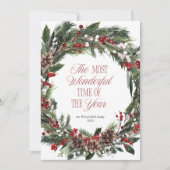 Moderne vrolijke kerst rode bessen botanische kran feestdagenkaart (Voorkant)