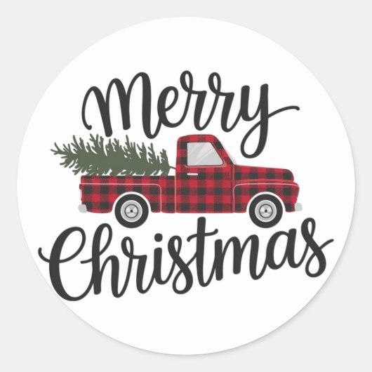 Moderne vrolijke kerst rode Buffalo Plaid Truck Ronde Sticker (Voorkant)