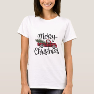 Moderne vrolijke kerst rode Buffalo Plaid Truck T-shirt